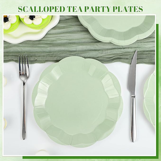 30 Pcs Sage Green Paper Plates, 9 Inch Scalloped Easter Plates Green Dessert Dinner Plate Cute Party Plate Disposable Party Supplies for Wedding, Baby Bridal Shower, Birthday