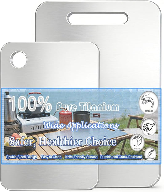 100% Pure Titanium Cutting Board Set of 2, Double-Sided Titanium Cutting Boards for Kitchen Dishwasher Safe, Camping Metal Charcuterie Chopping Board Mat for Meat, Fruit & Cheese (L+XL)