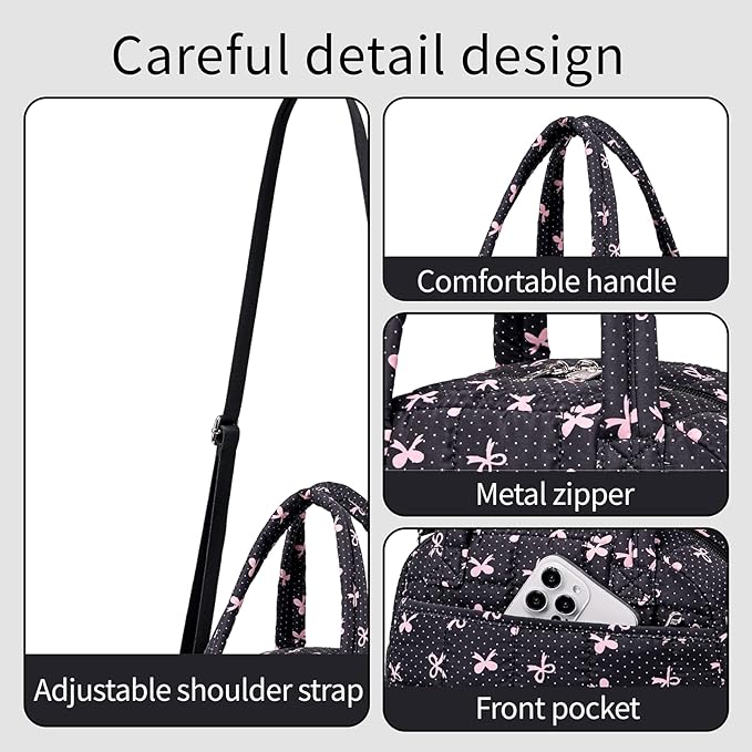 LEDAOU Lunch Box for Women Lunch bag Quilted Puffer Lunch Box Insulated Reusable LunchBox for Work School Picnic Travel (Pink Bow - Black)