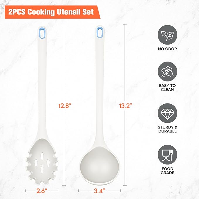 Silicone Spaghetti Spoon&Soup Ladle Cooking Utensils Set of 2,No Scratch for Nonstick Cookware,BPA Free, 450℉Heat Resistant (White)