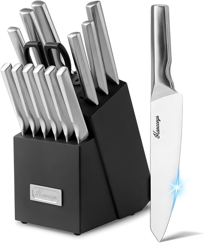 Kitchen Knife Set, Japanese Stainless Steel Knife Block Set with Built-in Sharpener, Sharp Knives with Non-slip Ergonomic Handle - Dishwasher Safe, Home Essential Gifts
