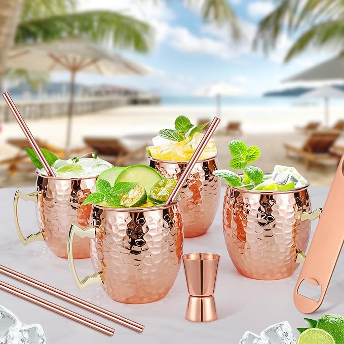Moscow Mule Mugs Set of 4, 16 OZ Hammered Copper Cups with 304 Stainless Steel Lining and Gold Brass Handles, Includes Straws, Opener, Jigger, Brush, Fit for Cold Drinks, Bars, Parties