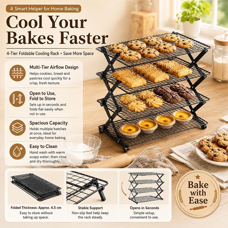 4 Tier Collapsible Cooling Rack, 3-Setting Adjustable Stackable Baking Rack, Foldable Metal Wire Cooling Stand for Cookies, Bread, Pastry, Outdoor Picnic Food Display, Baking Supplies