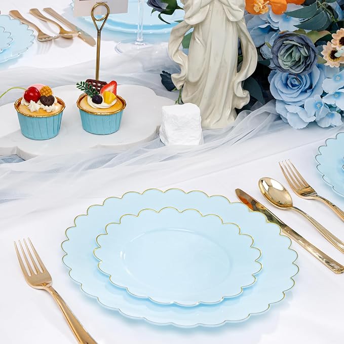 LIYH 60 Pcs Baby Blue Plastic Plates with Gold Edge - Disposable Light Blue Plastic Easter Plates Includes 30 Dinner Plate 10.25" and 30 Dessert Plate 7.5" for Party Birthday Easter
