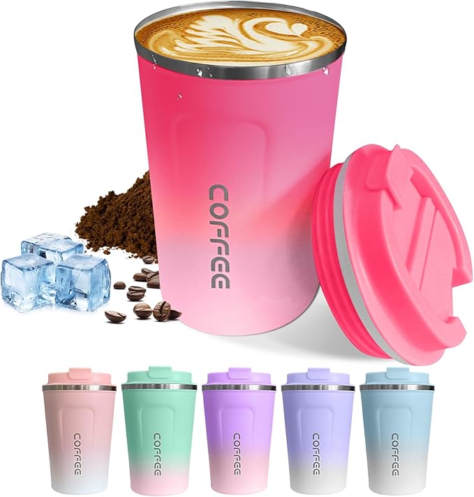 Travel Coffee Mugs Leak-Proof, Reusable Coffee Cups with Lids, Stainless Steel Vacuum Insulated Coffee Tumblers, Thermal Insulation Cup for Men and Women Hot & Cold Drinks(2nd-Red White, 17OZ)