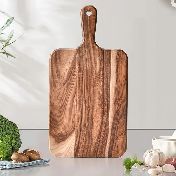 Acacia Wood Cutting Board with Handle - 14 x 7in, Wooden Chopping Board for Meat, Cheese, Bread, Fruits & Vegetables – Ideal Charcuterie & Serving Board, Durable Butcher Block