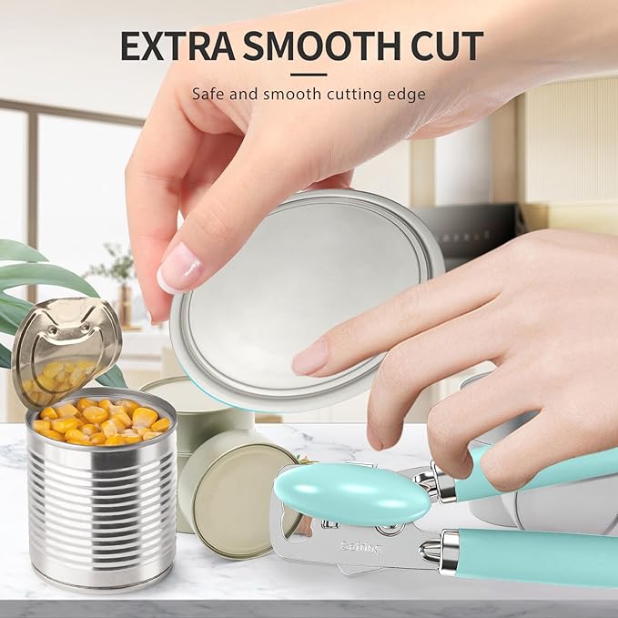Can Opener Manual, Heavy Duty Stainless Steel Smooth Edge Can Openers With Soft Touch Handle, Oversized Handheld Easy Turn Knob, Multi-Function Bottle Opener, Aqua Sky