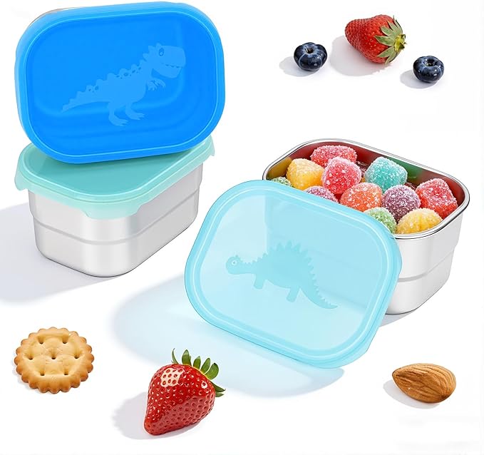 3×8oz Small Stainless Steel Snack Containers for Kids & Toddlers - 230mL Leakproof Food Containers with Cute Dino Lids | LFGB Certified, Stackable Metal Snack Box for Daycare, School, Travel