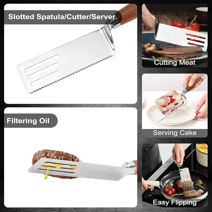 Stainless Steel Spatula Set of 3, Metal Spatulas for Cast Iron Skillet, Heavy Duty Spatulas for Kitchen Use with Wooden Handle, Griddle Grill Spatula Flipper for Pancake, Fish, Smash Burger, Egg