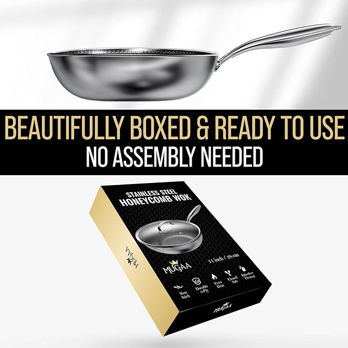 Woks & Stir-Fry Pans Nonstick 11" Stainless Steel Wok Pan with Lid | Tri-Ply Honeycomb Hybrid Stir Fry Pan | Induction & Oven Safe | Dishwasher Safe