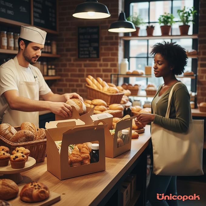 UnicoPak 30 Pack Brown Gable Bakery Boxes with Window 9x6x6, Food-grade Cardboard, Rustic Treat Boxes for Homemade Gifts, Lunch, Donuts, Bread, Large Gift Boxes with Handles for Favors