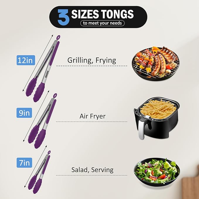 Kitchen Tongs, Stainless Steel Cooking Tongs with Silicone Tips, 600ºF High Heat-Resistant Non Scratch Locking Tongs for Cooking BBQ Grilling Air Fryer Pans, Set of 2 (7" 9" and 12") Purple