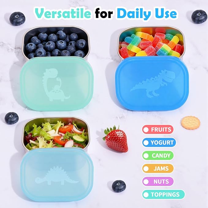 3×8oz Small Stainless Steel Snack Containers for Kids & Toddlers - 230mL Leakproof Food Containers with Cute Dino Lids | LFGB Certified, Stackable Metal Snack Box for Daycare, School, Travel