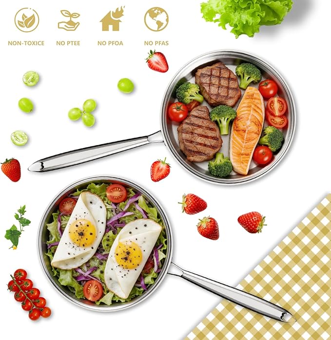 Tri-Ply Stainless Steel Frying Pan, Compatible with All Cooktops Up to 600℉, Large Frying Pan with lids, Induction-Ready Skillet, Dishwasher and Oven Safe, Even Heat (10.8 Inch)
