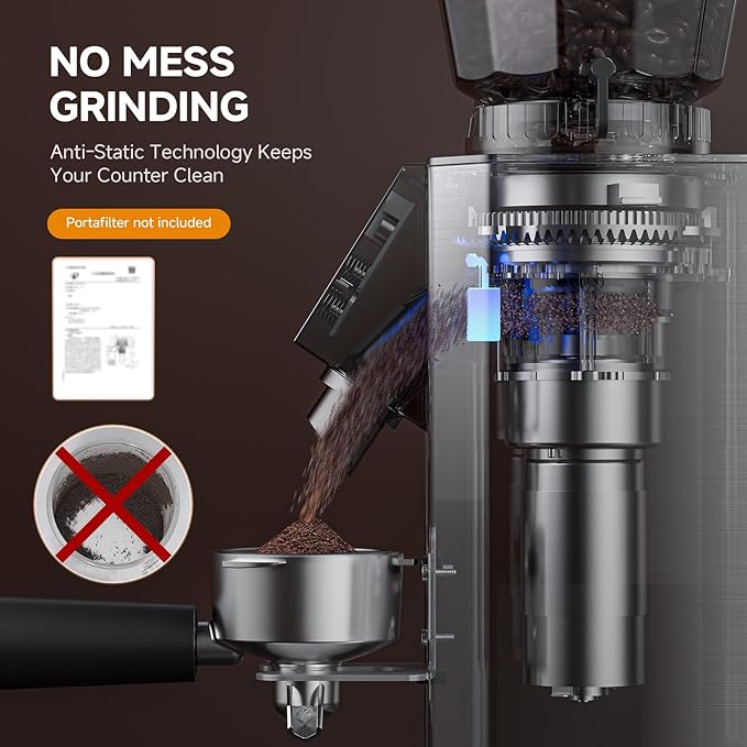 Burr Coffee Grinder with 45 Gind Settings, Anti-Static Conical Burr, Precision Electronic Timer & LED Touchscreen for Espresso/Drip/Cold Brew/French Press, All-Metal Stainless Steel Body, Silver