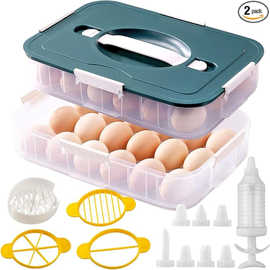 2 Layer Deviled Egg Containers with Lid, 36 Slots Deviled Egg Tray Carrier with Handle and Injector Piping Tool, Fridge Stackable Portable Clear Storage Egg Platter for Party Picnic Travel (Green)