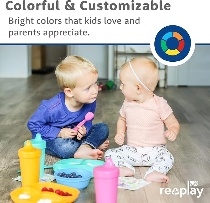 Re-Play Toddler Plates with Dividers - Deep-Walled 3 Compartments Divided Plates for Kids - Dishwasher & Microwave Safe - Made in USA - Set of 3-7.37" x 7.37" x 1.25" - Tulip