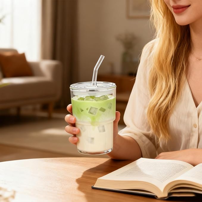 13oz Iced Coffee Cup, Reusable Glass Tumbler with Straw and Lid, Thick Wall Glass Cups with Lids and Straws for Matcha, Smoothies, Drinking Glassware Water Cups (clear-4pack)
