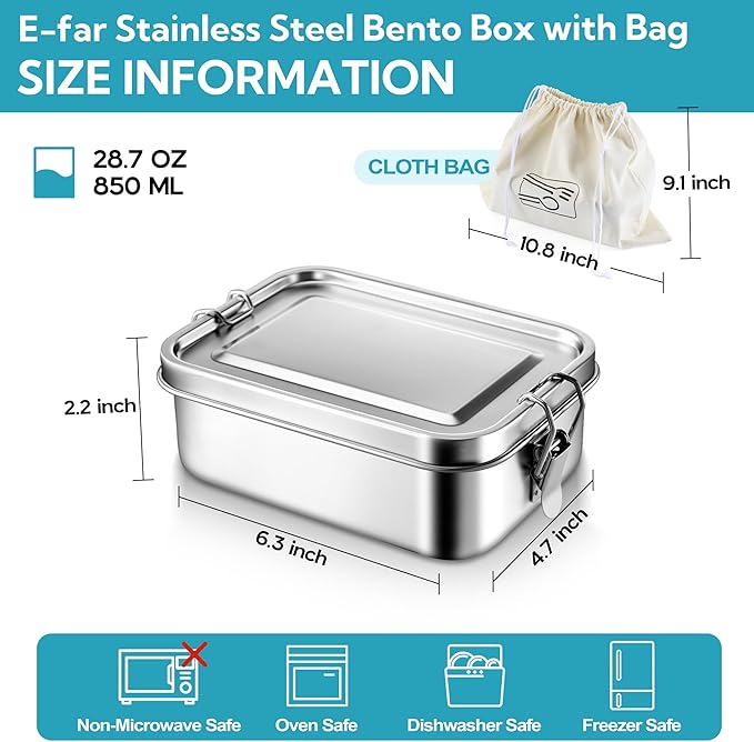 E-far Stainless Steel Bento Box, 28oz Metal Lunch Bento Box w/Leak Proof Lid, 850ml Small Food Container w/Removable Divider & Bag, Reusable 3-Compartment Bento Lunch Container for Camping Picnic