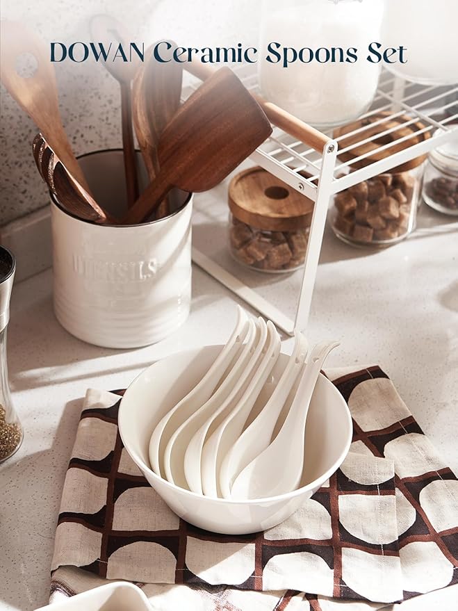 DOWAN Soup Spoons Set of 6, Ceramic Chinese Soup Spoon, Asian Soup Spoons, White Japanese Spoon Large for Ramen Pho Wonton Dumpling Miso, Deep Oval Hook Design(Soft White)