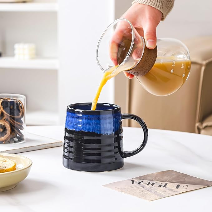 Large Ceramic Coffee Mug, Handmade Pottery Mugs, Tea Cups with Big Handle for Office and Home, 15.5 oz, Dishwasher and Microwave Safe (Star Blue)