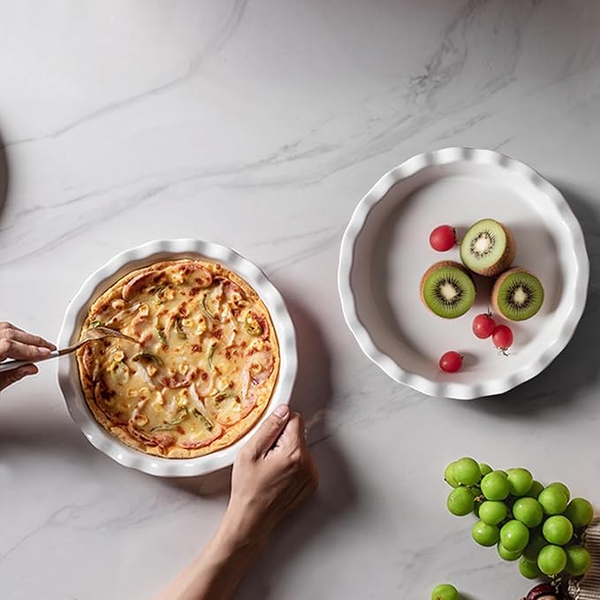 FEOOWV White Deep Dish Pie Pan for Baking-10 Inch Ceramic Fluted Pie Dish for Apple, Quiche, Pecan, Pot Pies, 53Ounce Round Pie Plate