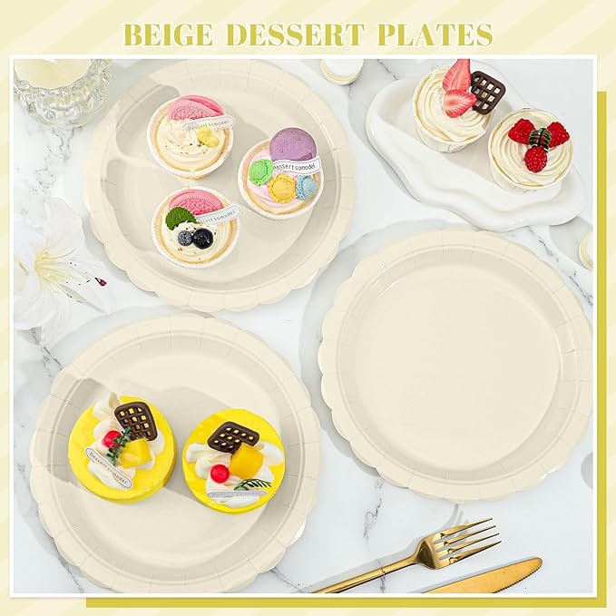 30 Pcs Ivory Paper Plates 9 Inch Disposable Scalloped Cream Plates Cute Beige Dessert Cake Plate Party Dinner Plate for Baby Shower, Wedding, Bridal Shower