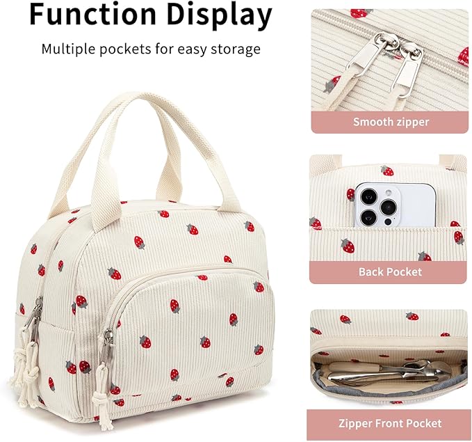 Lunch Bag Women Lunch Box for Women Adult Cute Insulated Lunch Bag Small Cooler Lunch Tote Bags for Work Picnic Travel (Beige-Strawberry)