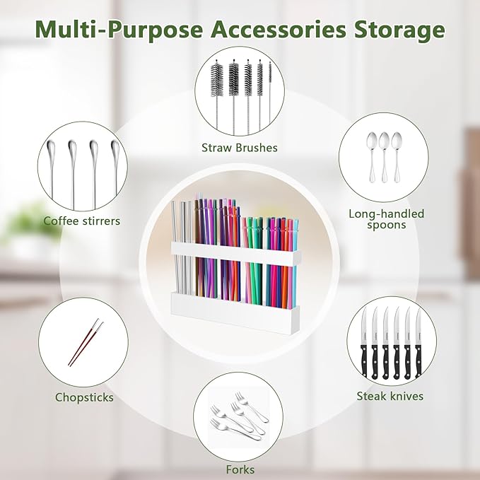 9.5" Large Acrylic Straw Holder for Cabinet Door - Reusable Tumbler Straw Organizer Storage, Small Kitchen Accessories Container, Ultra Sticky Cupboard Door Mounted (White)