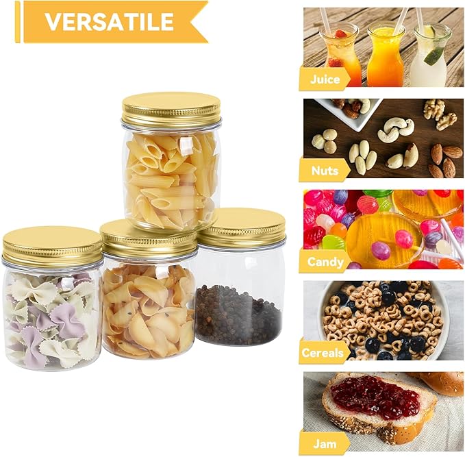 novelinks 8 oz Clear Plastic Jars with Airtight Lids, 8 Pack Plastic Mason Jars with Lids 8oz, Refillable Storage Slime Containers & Small Spice Jar for Kitchen Organization (8 Pack,Gold)