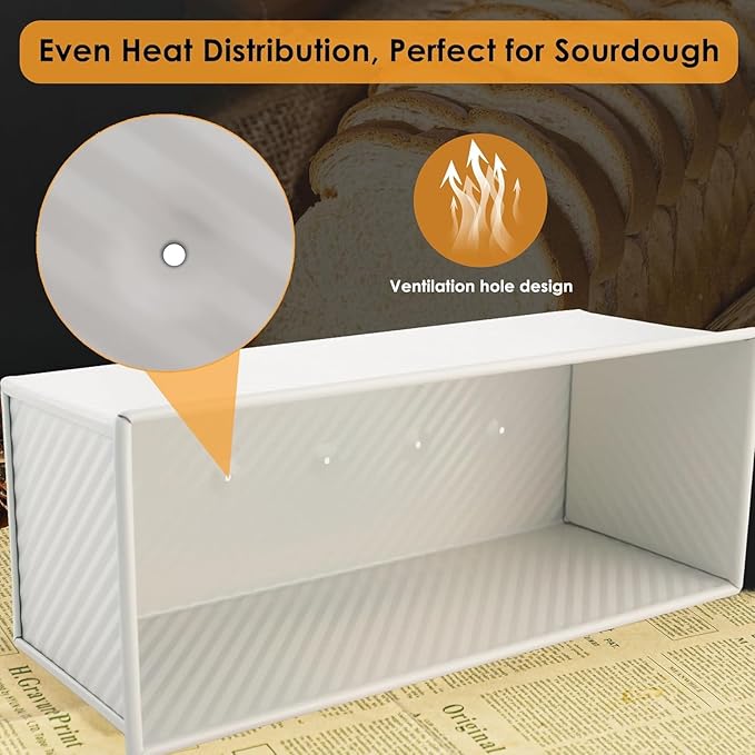 2-Pack Beige Pullman Loaf Pan with Lid, Long Nonstick Bread Pan for Toast & Sandwich Bread, Cream White Nonstick Loaf Pan, 3 Vented Holes & Ridged Design, Great for Baking Lovers and Home Use