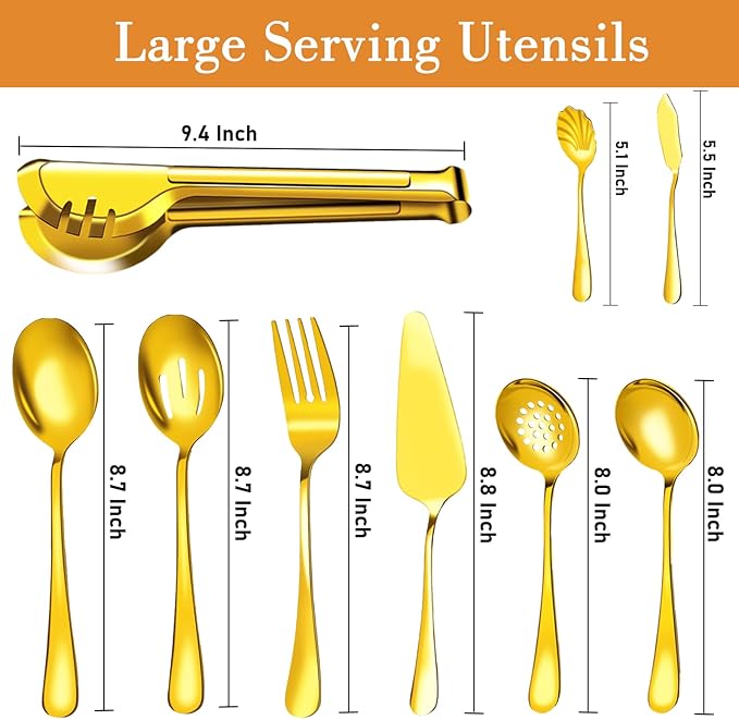 36 Pack Serving Utensils Set for Buffet, Stainless Steel Serveware, Large Spoons, Slotted Spoon, Forks, Tongs, Butter Knife, Shell Spoons, Soup Ladle, Pie Server, for Party Festival Family, Gold