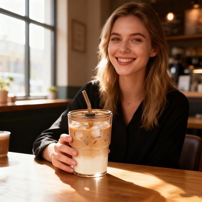 13oz Iced Coffee Cups, Glass Tumbler with Straw and Lid Sealed Carry On Thick Wall Glass Cups with Lid, Reuseable Water Cups for Smoothies, Matcha, juice （Amber