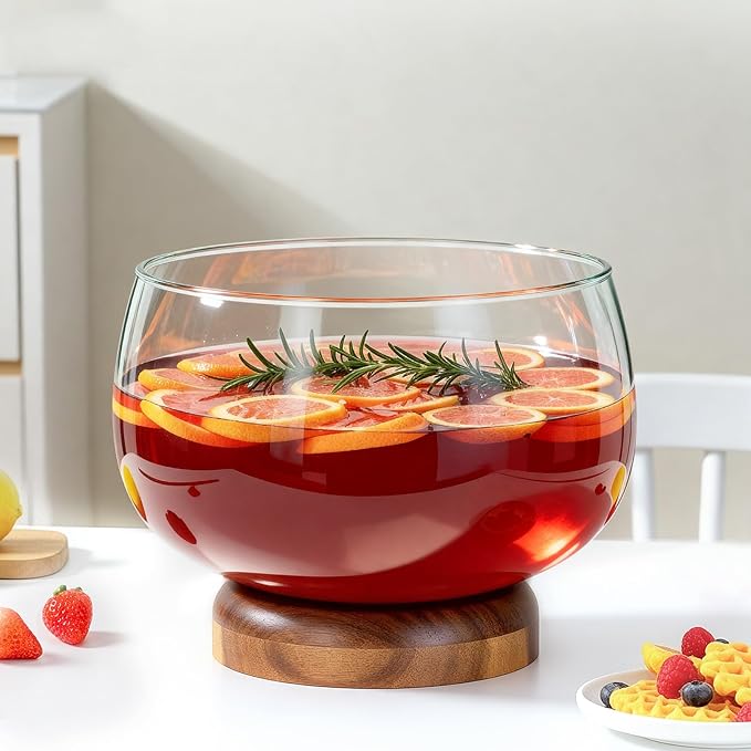 NiHome 203oz Extra Large Glass Trifle Bowl with Acacia Wood Stand, Serving Dish for Cakes, Salads, Desserts, Stylish Display for Parties, Weddings, Special Occasions, Durable Easy to Clean