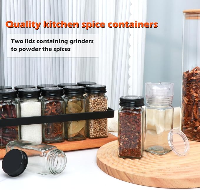 24pcs Spice Jars with180 Labels,Glass Spice Jars, Seasoning Containers,Seasoning Organizer,Include black metal lid, pen, grinder, stainless steel funnel, two type inner plugs