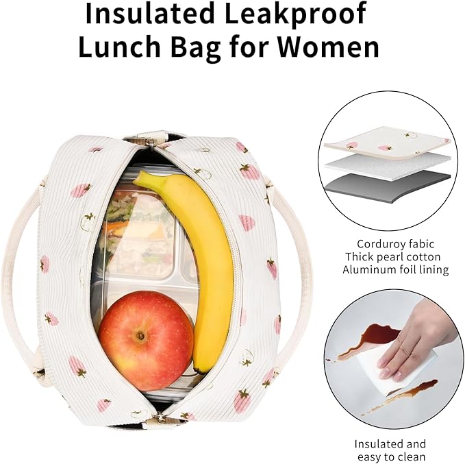 Lunch Box for Women Insulated Lunch Bag Women Adult Cute Lunch Bags Reusable Lunchbox Cooler Tote Bag for Work Picnic (Beige-Light Strawberry)