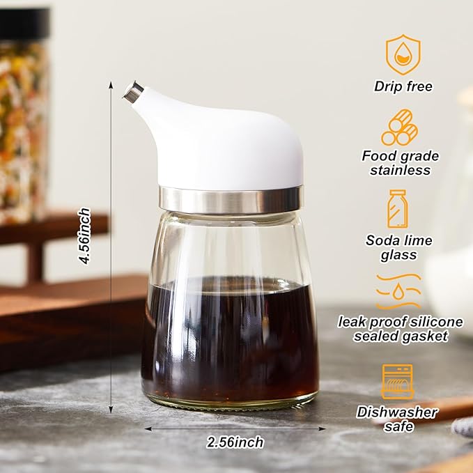 2 Pcs Cruet Dispenser Set 5 oz, White Glass Soy Sauce Dispenser, Small Olive Oil and Vinegar Bottles, Soy Sauce Bottle, Non Drip Spout Cruet Bottle Container for Kitchen Cooking