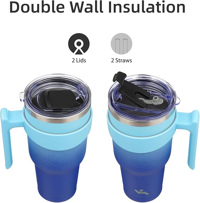 30 oz Tumbler with Handle and 2 Straw 2 Lid, Insulated Water Bottle Stainless Steel Vacuum Cup Reusable Travel Mug,Sky