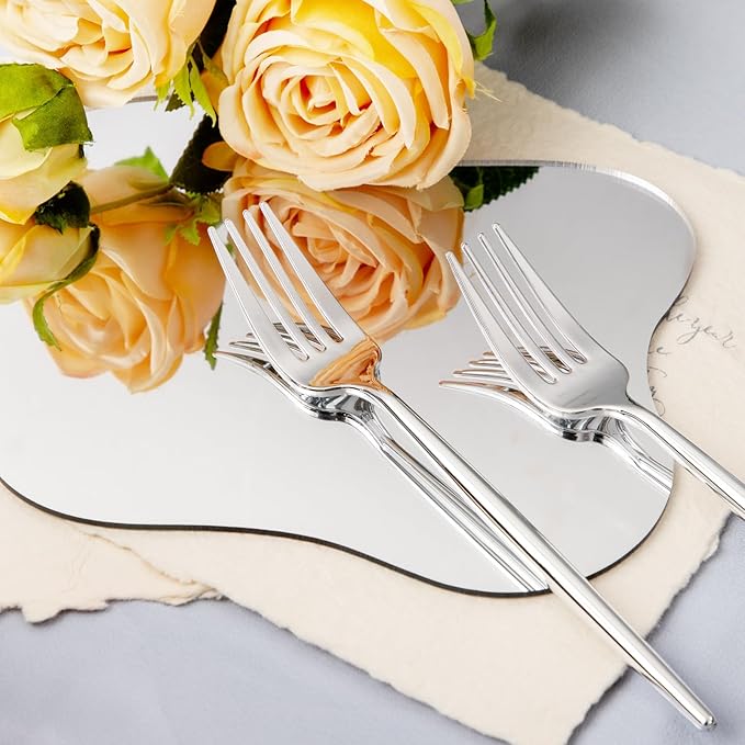 U-QE 120Pcs Silver Plastic Silverware, Luxury Plastic Cutlery, Heavy Weight Flatware, Silver Disposable Utensils Set Include 60 Forks, 30 Spoons, 30 Knives for Party