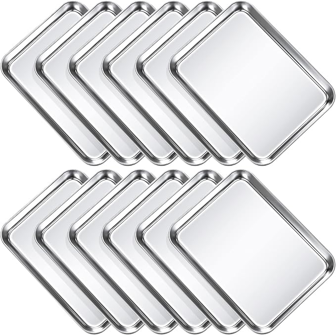 12 Pcs Baking Sheet Pan Set Stainless Steel Cookie Sheet Small Toaster Oven Pans Tray Barbecue Grill Pan Rectangle Trays Oven Freezer Bakery, Non-stick, Easy Clean, 9 x 6.7 x 1 Inches