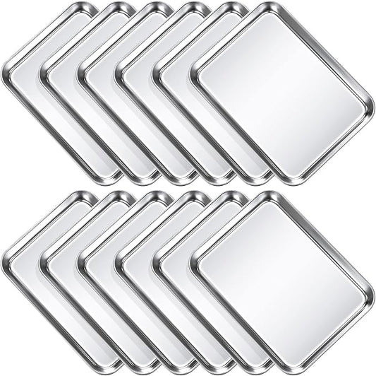 12 Pcs Baking Sheet Pan Set Stainless Steel Cookie Sheet Small Toaster Oven Pans Tray Barbecue Grill Pan Rectangle Trays Oven Freezer Bakery, Non-stick, Easy Clean, 9 x 6.7 x 1 Inches
