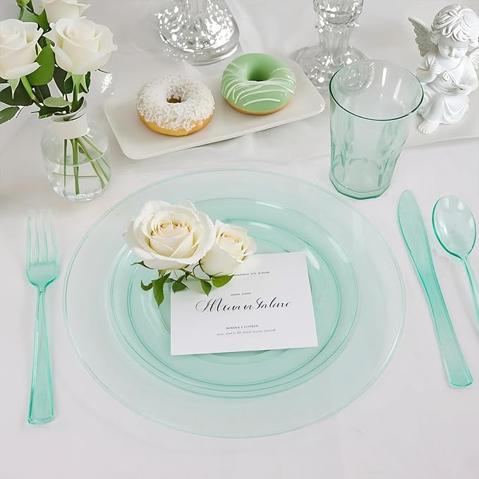 WDF 180 Pieces Green Plastic Silverware Disposable - Clear Green Cutlery Sets 60 Forks, 60 Knives and 60 Spoons - Heavy Duty Plastic Utensils for Party, Summer