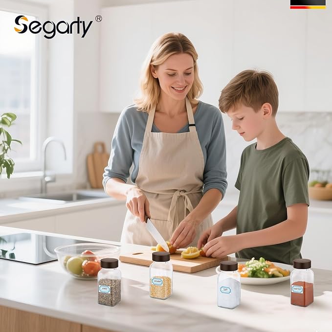 Segarty 6oz Spice Jar with Wood Lids, 3 PCS 180ml Square Condiment Containers, Empty Glass Seasoning Organizers Spices Cereal Storage Bottles, Large Salt and Pepper Shakers with 7 Stickers and 1 Brush