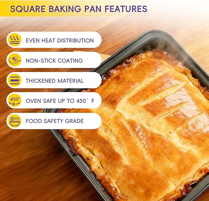 8x8 Baking Pan,Square Cake Pan,Nonstick Square Baking Pan for Making Brownies, lasagna,Rust-Resistant, Dishwasher Safe,2 PCS Heating Aluminum Bakeware with Silicone Scraper & Oil Brush