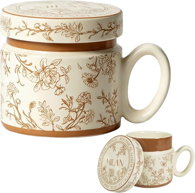 12.9oz Ceramic Coffee Mug with Lid,Flower Patterned Porcelain Mug,Ceramic Tea Cup Coffee Latte Mug for Office and Home,Brown,1 Piece