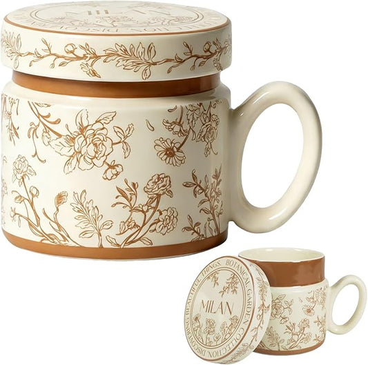 12.9oz Ceramic Coffee Mug with Lid,Flower Patterned Porcelain Mug,Ceramic Tea Cup Coffee Latte Mug for Office and Home,Brown,1 Piece