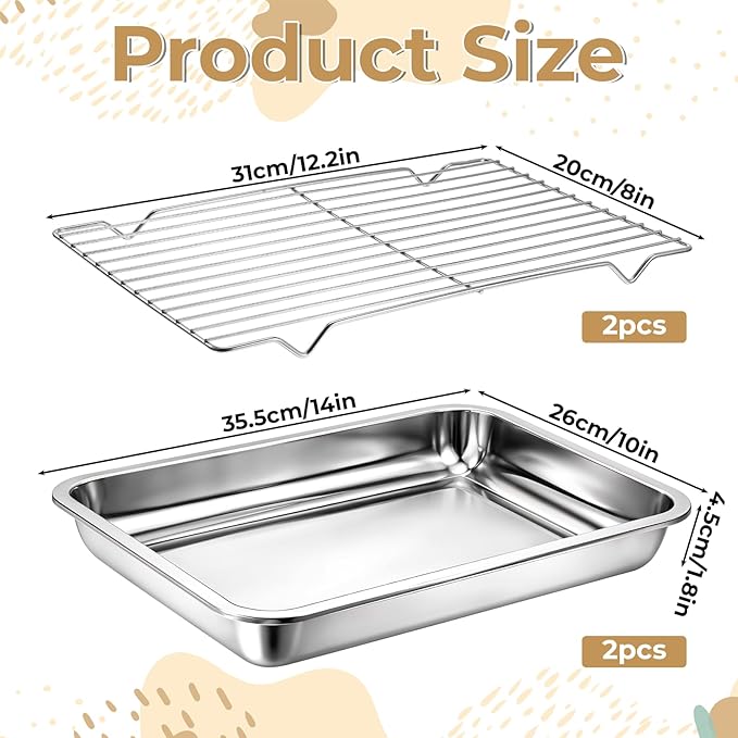 Quarter Baking Sheet Pan with Cooling Rack Set (2 Pans + 2 Racks), Stainless Steel Cookie Sheets Quarter Sheet Pan for Oven Baking, Warp Resistant & Nonstick, Size 14 x 10 x 1.8 Inch