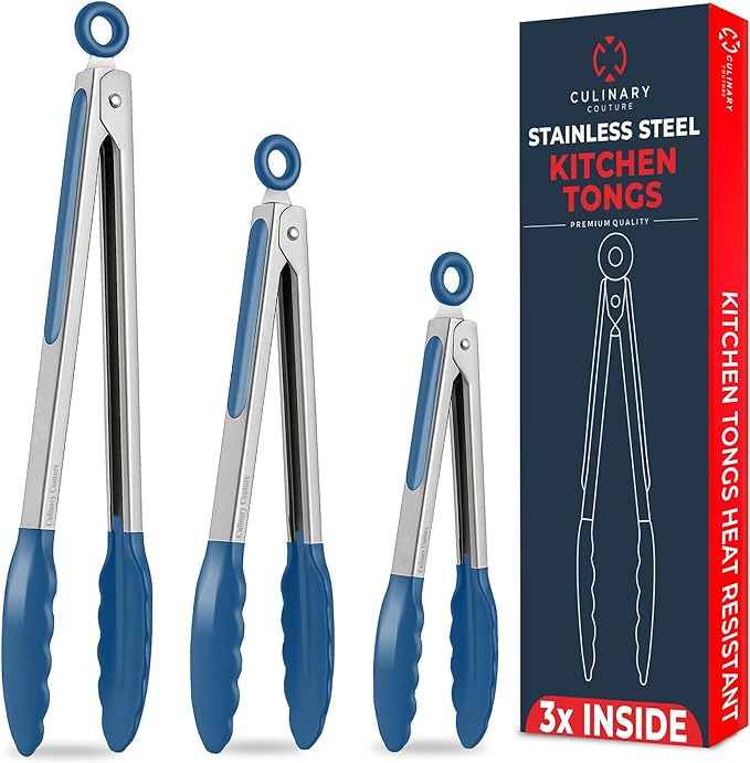 Kitchen Tongs with Silicone Tips Set of 3 Heat Resistant Tongs for Serving Food, 7-Inch, 9-Inch, 12-Inch Locking Silicone Tongs for Cooking, Salad Tong, Blue Kitchen Utensils