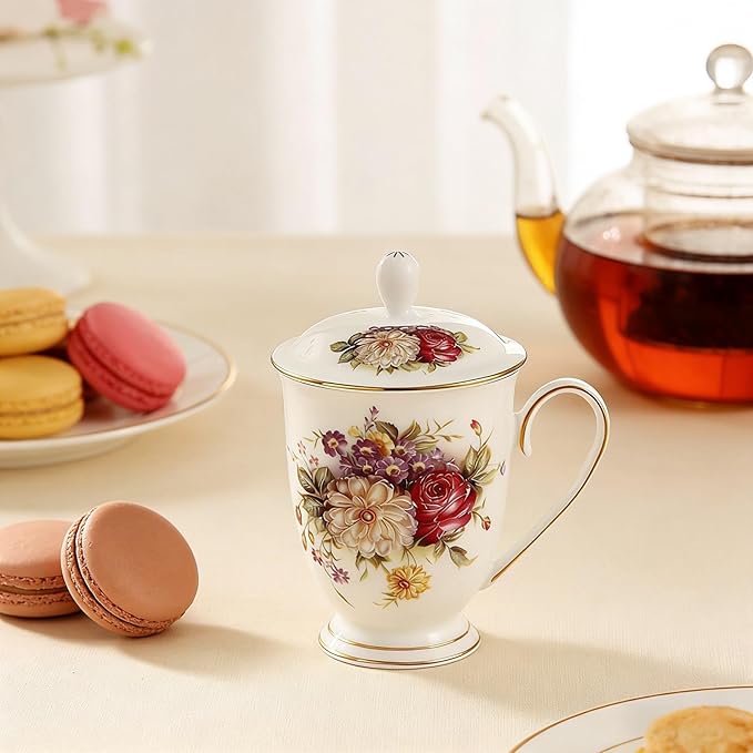 Ceramic Mug,Fine Bone China Tea Cup, Tea Mugs for Women, Tea Cup with Lid, Suitable for Making Tea, Cold Drinks, Hot Drinks, Coffee, Etc, 10 oz