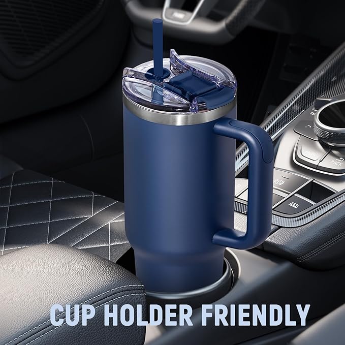 COKTIK 40 oz Tumbler With Handle and Straw, Insulated Tumbler With Leakproof Lids, Stainless Steel|BPA-Free, Cold for 24 H (Navy)